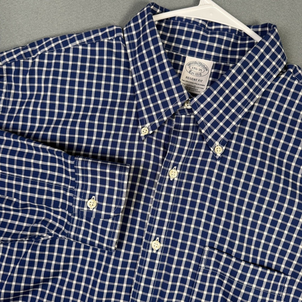 Brooks Brothers Regent Fit Shirt Mens 17.5 35 Blue Check Supima Cotton Stretch